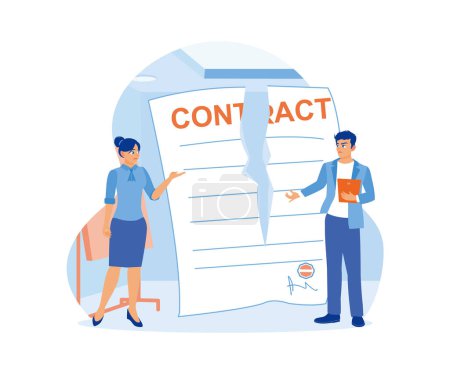 Illustration for Businessmen and women terminate contractual agreements. Tear up signed contract documents. Contract agreement concept. Flat vector illustration. - Royalty Free Image