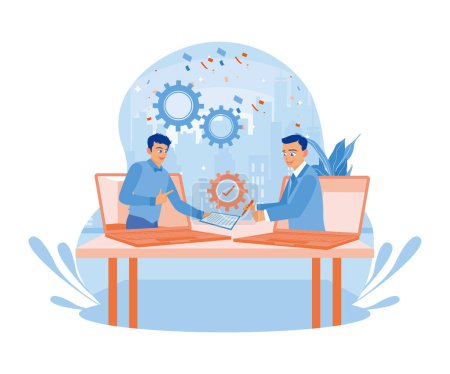 Illustration for Two business people signed contract documents online. Using electronic signature on the laptop. Contract agreement concept. Flat vector illustration. - Royalty Free Image