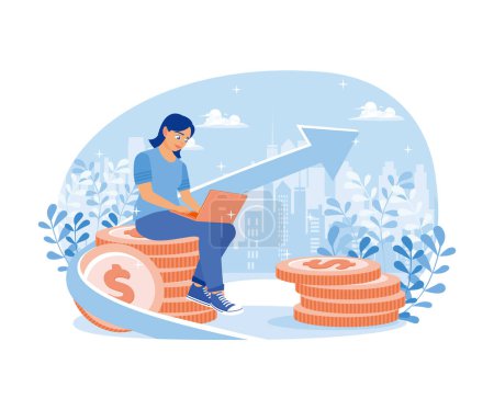 Illustration for A woman is sitting on a pile of coins. Using a laptop to invest online. Investment concept. Flat vector illustration. - Royalty Free Image