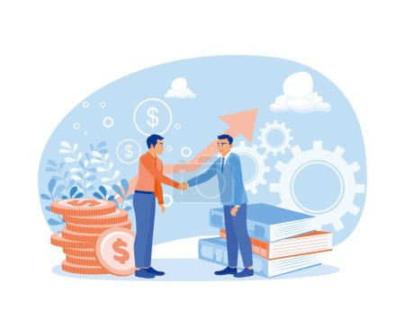 Illustration for Two businessmen are shaking hands making a financial deal. Happy man investing in a startup idea. Investment concept. Flat vector illustration. - Royalty Free Image