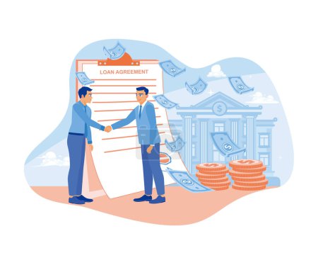 Illustration for Businessman borrows money from the bank. The banker and businessman shake hands after signing the loan agreement. Approved Loan concept. Flat vector illustration. - Royalty Free Image