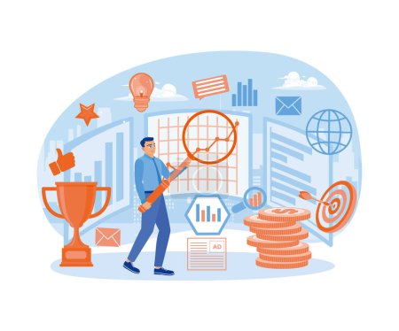 Illustration for Businessman analyses stock markets globally. Increased financial investment. Investment concept. Flat vector illustration. - Royalty Free Image