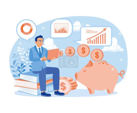 Illustration for Male freelancer working in front of laptop. The coins go into the piggy bank. Saving money concept. Flat vector illustration. - Royalty Free Image