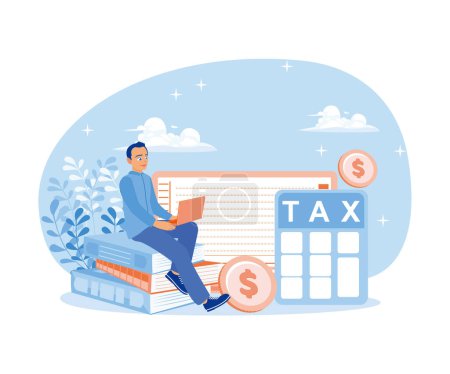 Illustration for A man is sitting on a pile of documents. Fill out tax forms online using a laptop. Tax Audit concept. Flat vector illustration. - Royalty Free Image