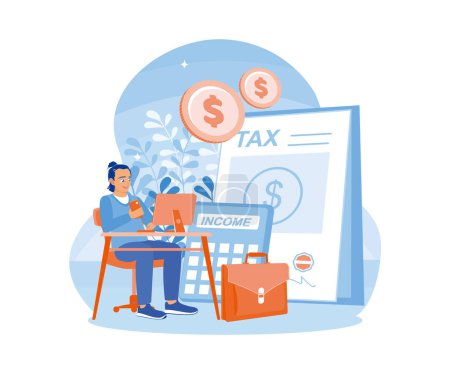 Illustration for Men calculate and analyze corporate income and taxes. Accountants prepare tax documents. Tax Audit concept. Flat vector illustration. - Royalty Free Image