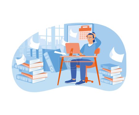 Illustration for Men work too much. Performing in front of the computer while holding your head with scattered documents. Office Deadline concept. Flat vector illustration. - Royalty Free Image