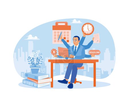 Male businessman misses a deadline. Overwhelmed by a lot of work at the office. Office Deadline concept. Flat vector illustration.
