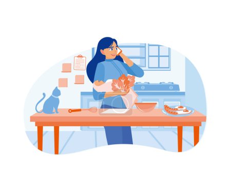 Ilustración de Una madre ocupada en casa. Cuidar de un bebé, cocinar y hacer mucho trabajo simultáneamente. Concepto de trabajo multitarea. Ilustración vectorial plana. - Imagen libre de derechos