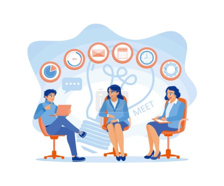 Téléchargez les illustrations : Meeting between manager and business team. Create a task application plan to achieve marketing targets. Business Meeting concept. Flat vector illustration. - en licence libre de droit