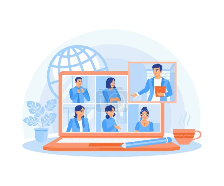 Businessman having online meetings with colleagues. Work remotely from anywhere. Video conference concept. Flat vector illustration.