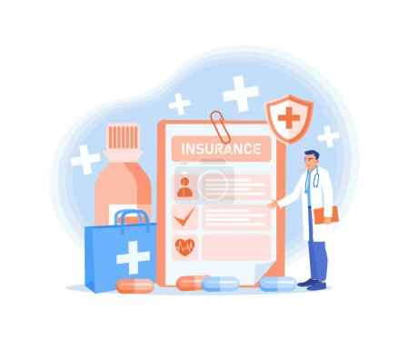 Seguro médico y documentos de medicina moderna. Los médicos proporcionan servicios de salud y seguro de vida. Concepto de seguro médico. Ilustración vectorial plana.