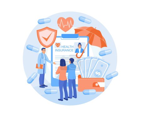 Los médicos ofrecen seguro médico a los pacientes. Planificar el ahorro de salud para el futuro. Concepto de seguro médico. Ilustración vectorial plana.