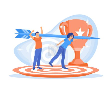 Illustration for Business teams work together to achieve business targets. The business team carrying arrows and trophies. Business Target concept. Flat vector illustration. - Royalty Free Image