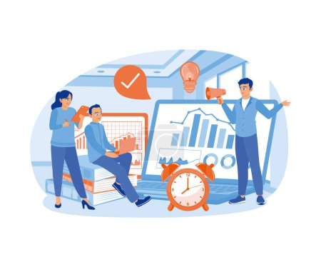 Illustration for The business team analyzes marketing developments. Business strategy towards targets. Project management concept. Flat vector illustration. - Royalty Free Image