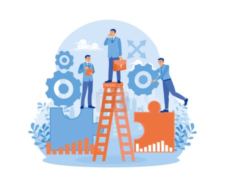 A group of young businesspeople work together to solve a problem. Plan business strategies towards targets. Teamwork concept. Flat vector illustration.