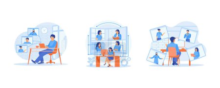 Man having virtual meetings with business colleagues. Remote work concept. Discuss with each other during video conferences. Video conference concept. Set flat vector illustration.