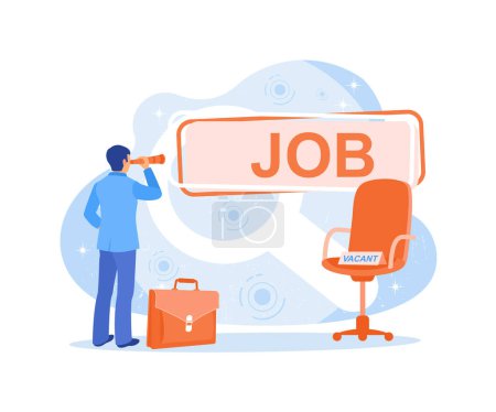 Man looking for work. Using binoculars look for empty positions. Job Search concept. Flat vector illustration.