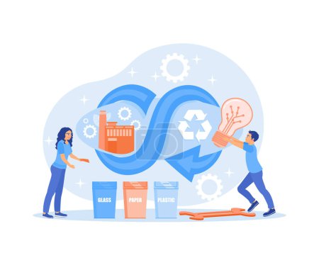 Environmentally friendly energy production. Industrial development cycle with waste recycling. Circular economy concept. Flat vector illustration.