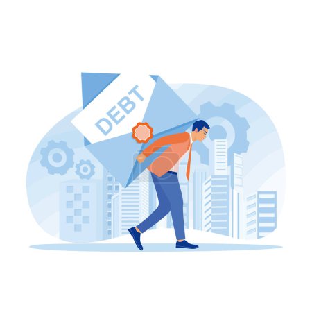 Empresario con una carga de deudas en la espalda. Un hombre caminando por una calle urbana. Concepto de carga de deuda. Ilustración vectorial plana.