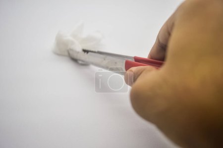 The hand holds a stainless steel food tong that clamps a tissue isolated on a white background