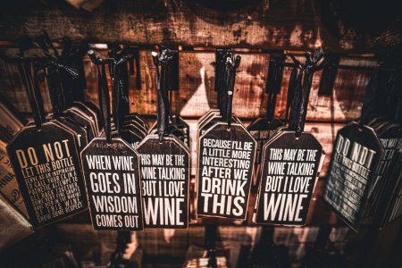 Funny Decorative Cards about Drinking Wine in a Wooden Background