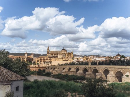The view of the Mezquita Cathedral Mosque of Cordoba with the Roman Bridge (Puente Romano) during summer, Cordoba, Andalusia, Spain