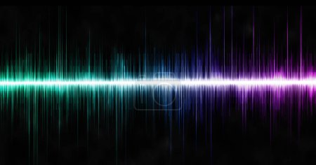 Foto de Onda sonora digital rítmica con código ternario sobre un fondo negro. La forma de la onda sonora. - Imagen libre de derechos