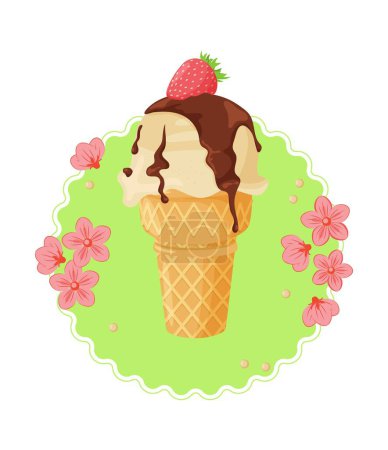 Ilustración de Cono de helado con fresas y flores. Ilustración vectorial aislada - Imagen libre de derechos