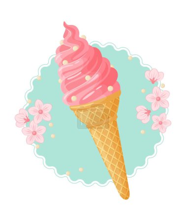 Ilustración de Helado rosa en un cono con flores. Ilustración de dibujos animados vectoriales aislados - Imagen libre de derechos