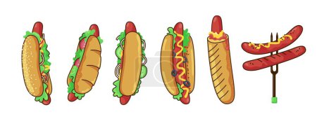 Téléchargez les illustrations : Set Hot dog à la moutarde. Nourriture malsaine. Restauration rapide. Autocollant de style dessin animé avec contour. Illustration vectorielle isolée - en licence libre de droit