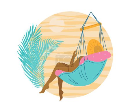 Una mujer en traje de baño y un sombrero en la naturaleza yace en una silla colgante. Ramas de palma. Relajación, humor veraniego. Ilustración plana del vector