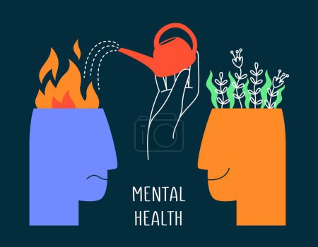 templateMental health, happiness, mental health care, positive thinking, fighting negative emotions. A head with fire and a head with flowers, a hand with a watering can. Vector flat illustration