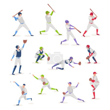 Ilustración de Conjunto plano vectorial de jugadores de béisbol en diferentes poses. Equipo de Softbol ilustración aislada sobre fondo blanco (bateador, lanzador, receptor, defensa) - Imagen libre de derechos