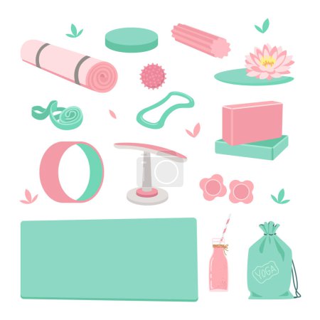 Illustration for Yoga. Yoga objects, mat, massage ball, lotus, smoothie, roller and more. Vector flat illustration - Royalty Free Image