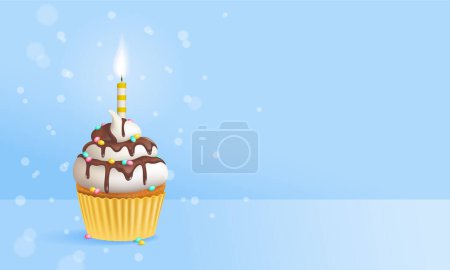Illustration for Realistic birthday cupcake with sprinkles and one birthday cake candle on a blue background with bokeh effect with copy space on the side. 3d vector illustration - Royalty Free Image