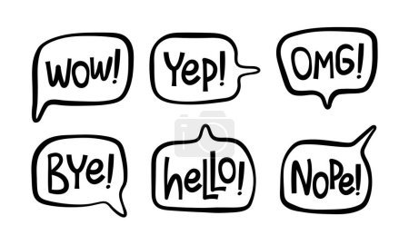 Illustration for Hand-doodle set of Speech bubble with handwritten short phrases. Hello, bye, yep, nope, OMG, WOW. Vector isolated illustration - Royalty Free Image