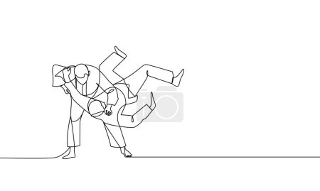 Téléchargez les illustrations : Dessin unique continu de judokas. Judo, art martial japonais. Illustration vectorielle d'un dessin linéaire - en licence libre de droit