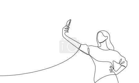 Illustration for A woman with her hand on her hip takes a selfie or shoots a video through a mobile phone, smartphone. Vector illustration continuous line, line art, outline - Royalty Free Image