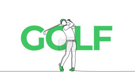 Ilustración de Dibujo continuo único. Golf, deportes. Elementos de color y título. Ilustración de vector de una línea - Imagen libre de derechos