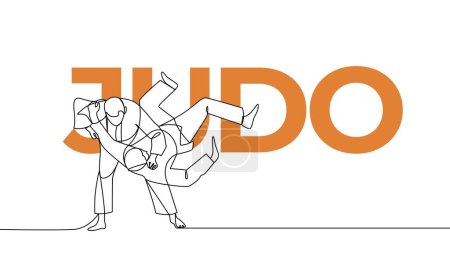 Ilustración de Dibujo continuo único. Judo, arte marcial japonés. Elementos de color y título. Ilustración de vector de una línea - Imagen libre de derechos