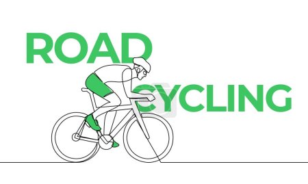 Einzelne durchgehende Zeichnung. Rennradfahren, Bahnradfahren. Farbige Elemente und Titel. Illustration eines Linienvektors