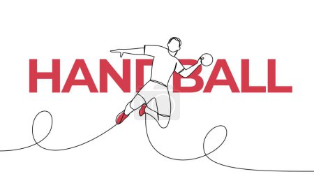 Ilustración de Dibujo único y continuo de un jugador de balonmano saltando con la pelota. Tipo de deporte, balonmano. Elementos de color y título. Un vector de línea - Imagen libre de derechos