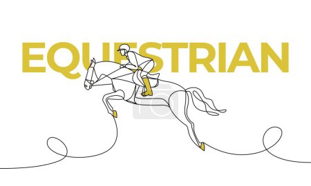 Cavalier de dessin unique continu avec un cheval de baie dans un spectacle de saut d'obstacles. Équestre. Éléments colorés et titre. Un vecteur de ligne