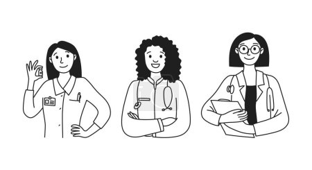 Illustration for Women Physicians. Doctor. Diversity women in different poses. Vector linear doodle illustration - Royalty Free Image