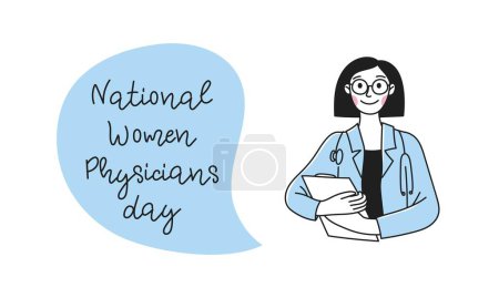 Illustration for Banner National Women Physicians Day. Doctor. Diversity women in different poses. Vector linear doodle illustration - Royalty Free Image