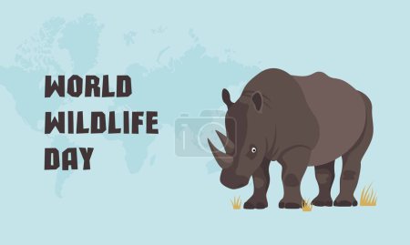 Illustration for Banner World Wildlife Day, March 3. Black Rhinos. Threat of extinction. Fauna, animal. Vector cartoon illustration - Royalty Free Image
