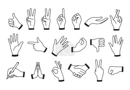 Set of human hand, palm, wrist gestures. Holding, gripping, pointing, fist, thumbs up. Vector doodle illustration isolated on white