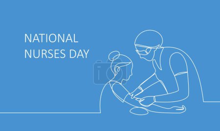 Illustration for Banner National Nurses Day. A healthcare worker gives an injection to a patient. Medical procedure. Text, inscription. Vector linear illustration on blue - Royalty Free Image