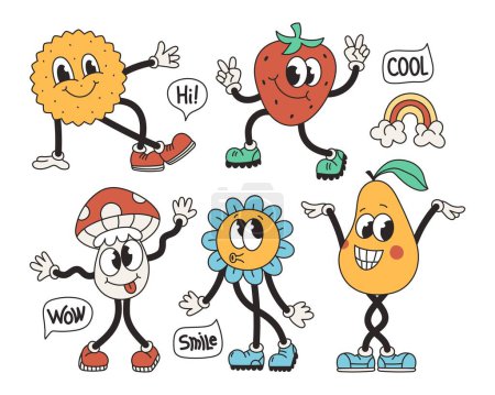 Illustration for Set of retro groove character. Funny vintage mascot flower, cookie, fruit, speech bubble. Vector cartoon illustration - Royalty Free Image