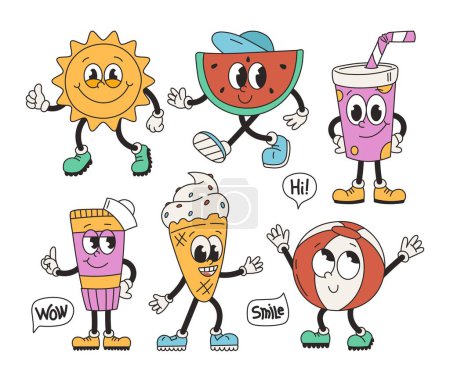 Illustration for Set of retro groovy summer characters. Funny vintage mascot, sun, fruit, ice cream, cream, ball, drink, speech bubble. Vector cartoon - Royalty Free Image